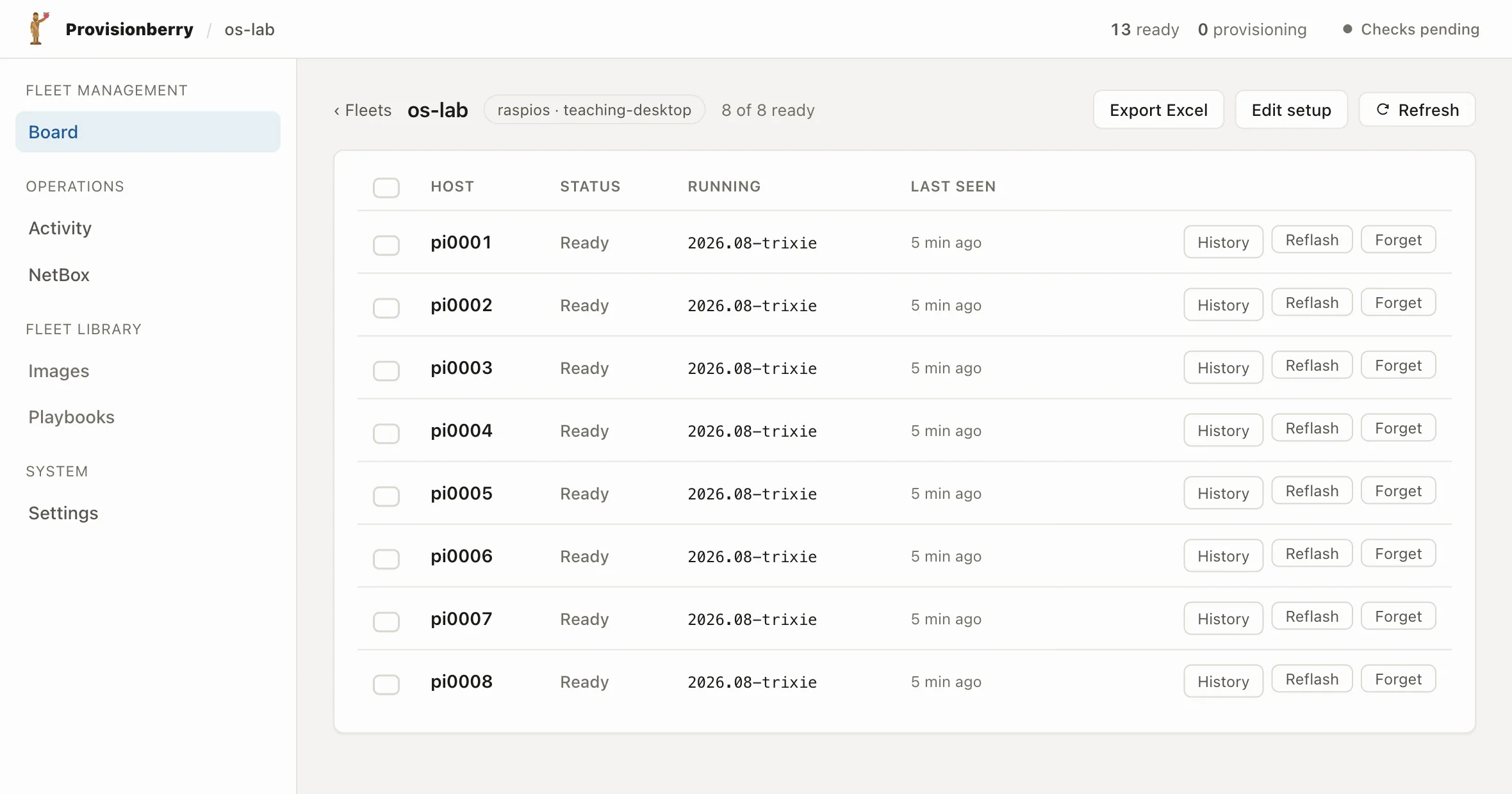 The os-lab fleet in ProvisionBerry, listing devices pi0001 to pi0008 with their state, the image version each is running, when it was last seen, and per-device history, reflash and forget actions